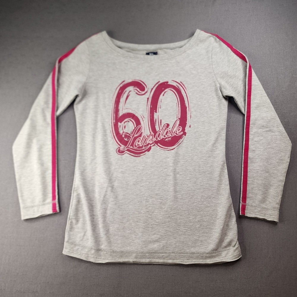 Lonsdale London Vintage Retro Off Shoulder Grey Pink Stripe Sweatshirt Size M